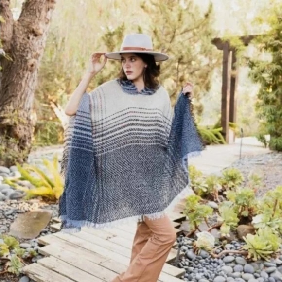 Private Label Sweaters - Hooded Poncho w/Herringbone Tweed Knit Design